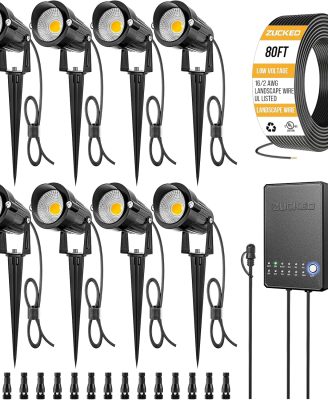 ZUCKEO All-in-One Landscape Lighting Kit, 5W LED Low Voltage Landscape Lights with Transformer and 80FT Wire, Waterproof Outdoor Spotlight with Connectors for Yard Garden House, 3000K 12-24V 8Pack