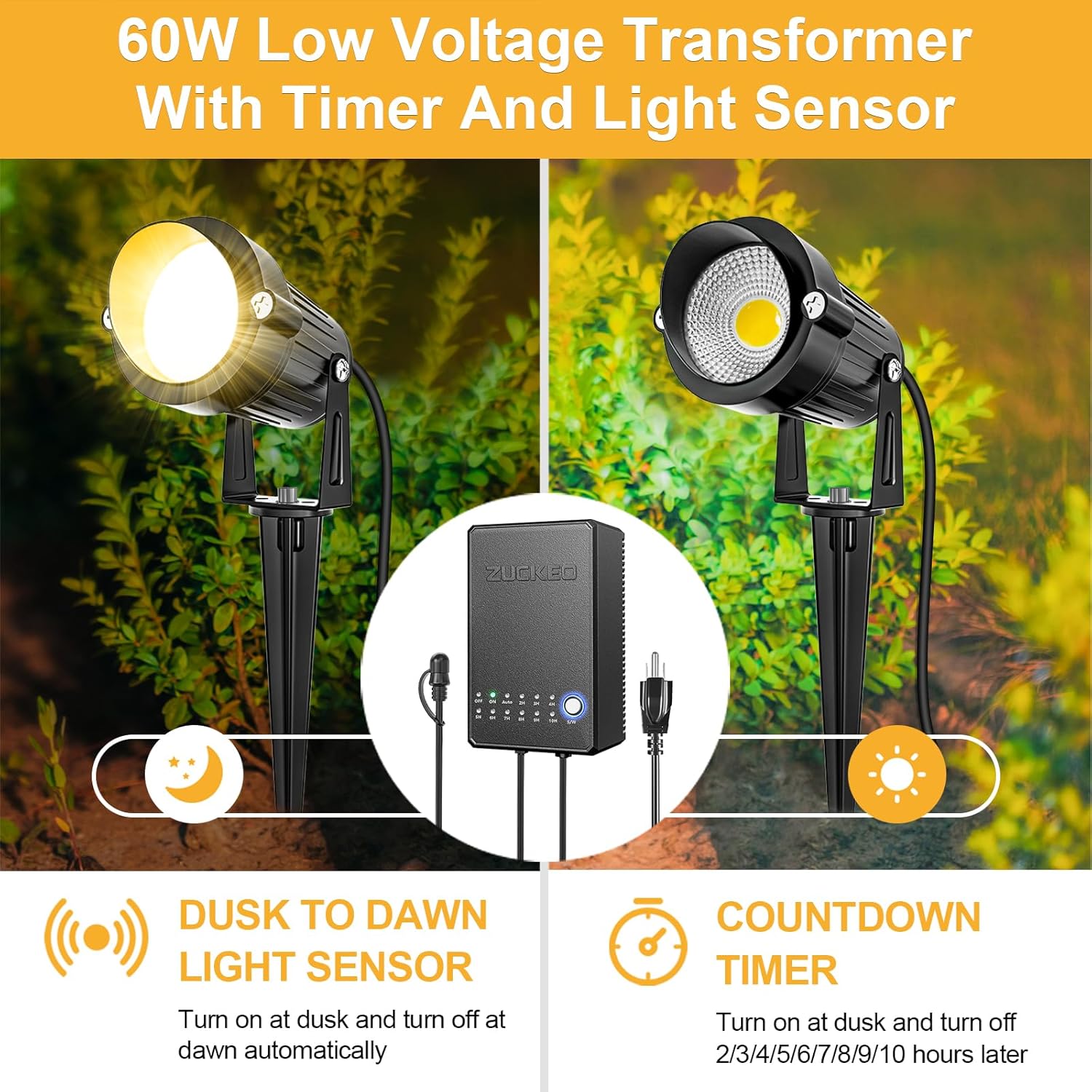 ZUCKEO All-in-One Landscape Lighting Kit, 5W LED Low Voltage Landscape Lights with Transformer and 80FT Wire, Waterproof Outdoor Spotlight with Connectors for Yard Garden House, 3000K 12-24V 8Pack - Image 2