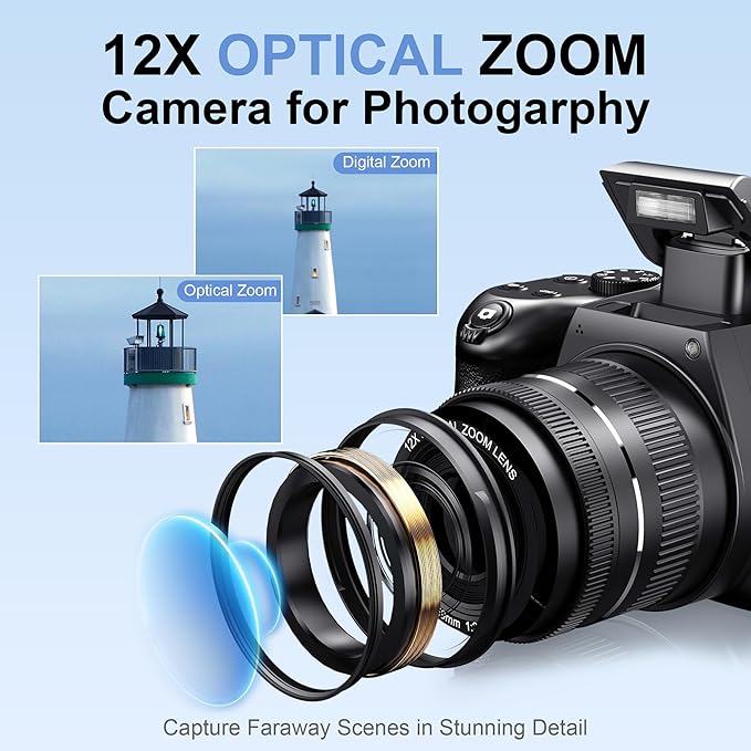 4K Digital Cameras for Photography, 12X Optical Zoom 72MP Vlogging Camera for YouTube with 270°Flip Screen, Autofocus & Anti-Shake Camera, Wi-Fi & App-Controlled 4K Camera, 2 Batteries, 32GB SD Card - Image 6