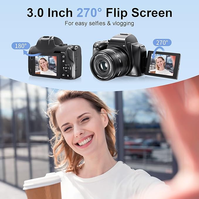 4K Digital Cameras for Photography, 12X Optical Zoom 72MP Vlogging Camera for YouTube with 270°Flip Screen, Autofocus & Anti-Shake Camera, Wi-Fi & App-Controlled 4K Camera, 2 Batteries, 32GB SD Card - Image 2