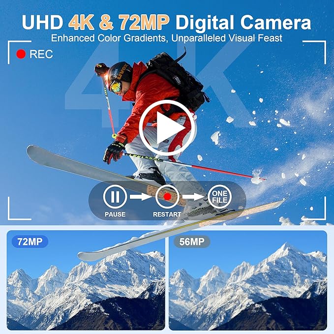 4K Digital Cameras for Photography, 12X Optical Zoom 72MP Vlogging Camera for YouTube with 270°Flip Screen, Autofocus & Anti-Shake Camera, Wi-Fi & App-Controlled 4K Camera, 2 Batteries, 32GB SD Card - Image 5
