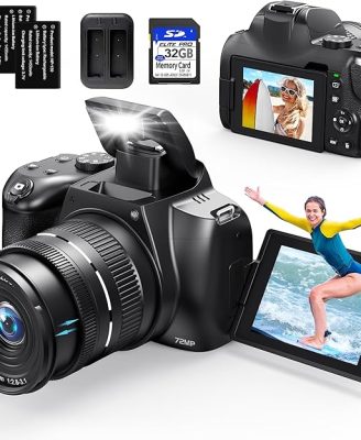 4K Digital Cameras for Photography, 12X Optical Zoom 72MP Vlogging Camera for YouTube with 270°Flip Screen, Autofocus & Anti-Shake Camera, Wi-Fi & App-Controlled 4K Camera, 2 Batteries, 32GB SD Card