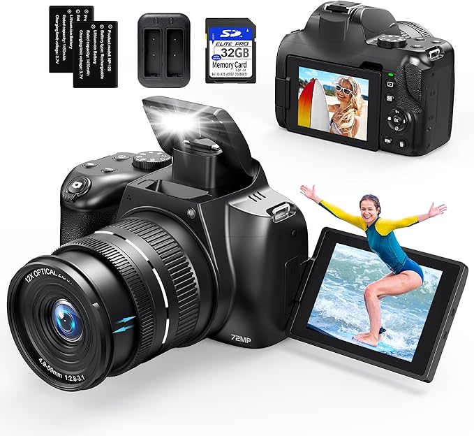 4K Digital Cameras for Photography, 12X Optical Zoom 72MP Vlogging Camera for YouTube with 270°Flip Screen, Autofocus & Anti-Shake Camera, Wi-Fi & App-Controlled 4K Camera, 2 Batteries, 32GB SD Card - Image 7
