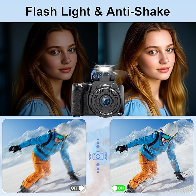 4K Digital Cameras for Photography, 12X Optical Zoom 72MP Vlogging Camera for YouTube with 270°Flip Screen, Autofocus & Anti-Shake Camera, Wi-Fi & App-Controlled 4K Camera, 2 Batteries, 32GB SD Card - Image 4
